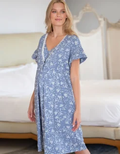 Hot Seraphine Blaues Blumenmuster Umstands- Und Stillnachthemd