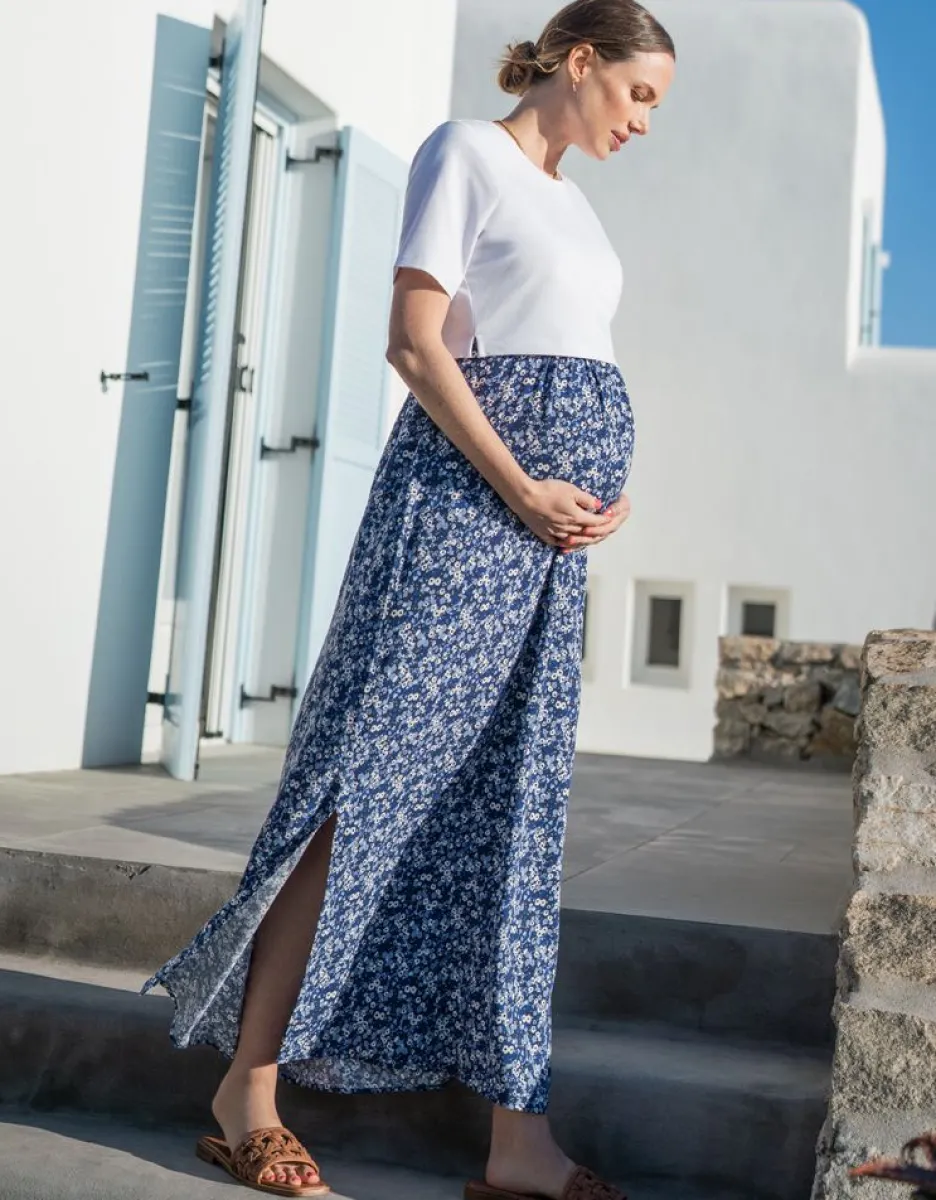 Shop Seraphine Blaues Still- & Umstandsmaxikleid Mit Blutenprint