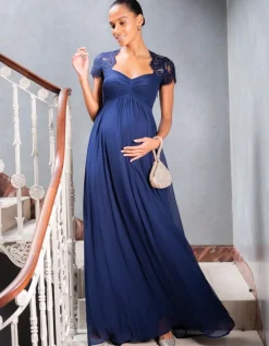 Discount Seraphine Dunkelblaues Umstands- & Stillabendkleid Seide & Spitze