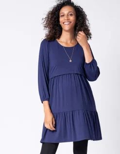 Online Seraphine Dunkelblaues Volant Umstands- & Stillkleid