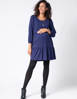Online Seraphine Dunkelblaues Volant Umstands- & Stillkleid