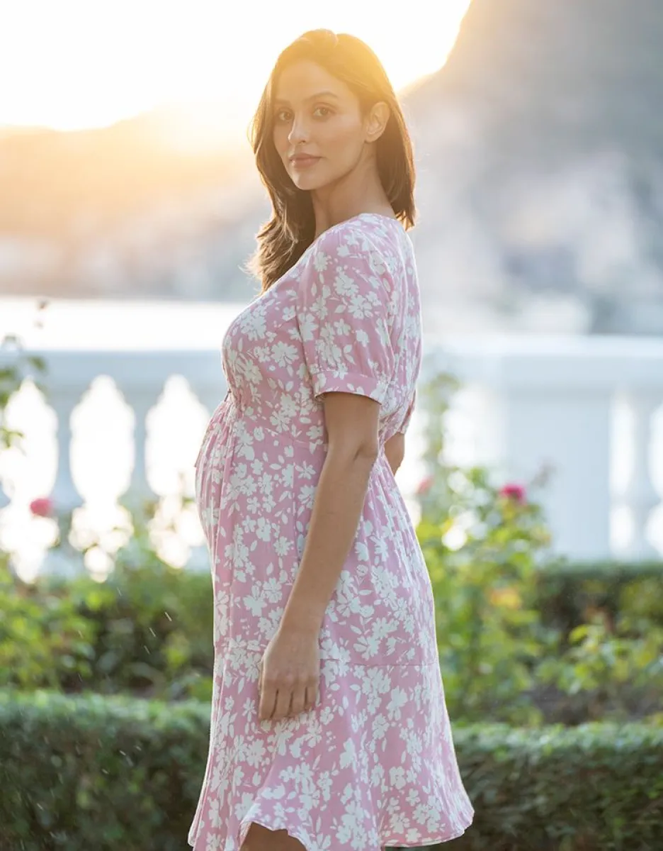 Hot Seraphine Fit & Flare Umstands- Und Stillkleid Mit Rosafarbenem Blumenkordelzug