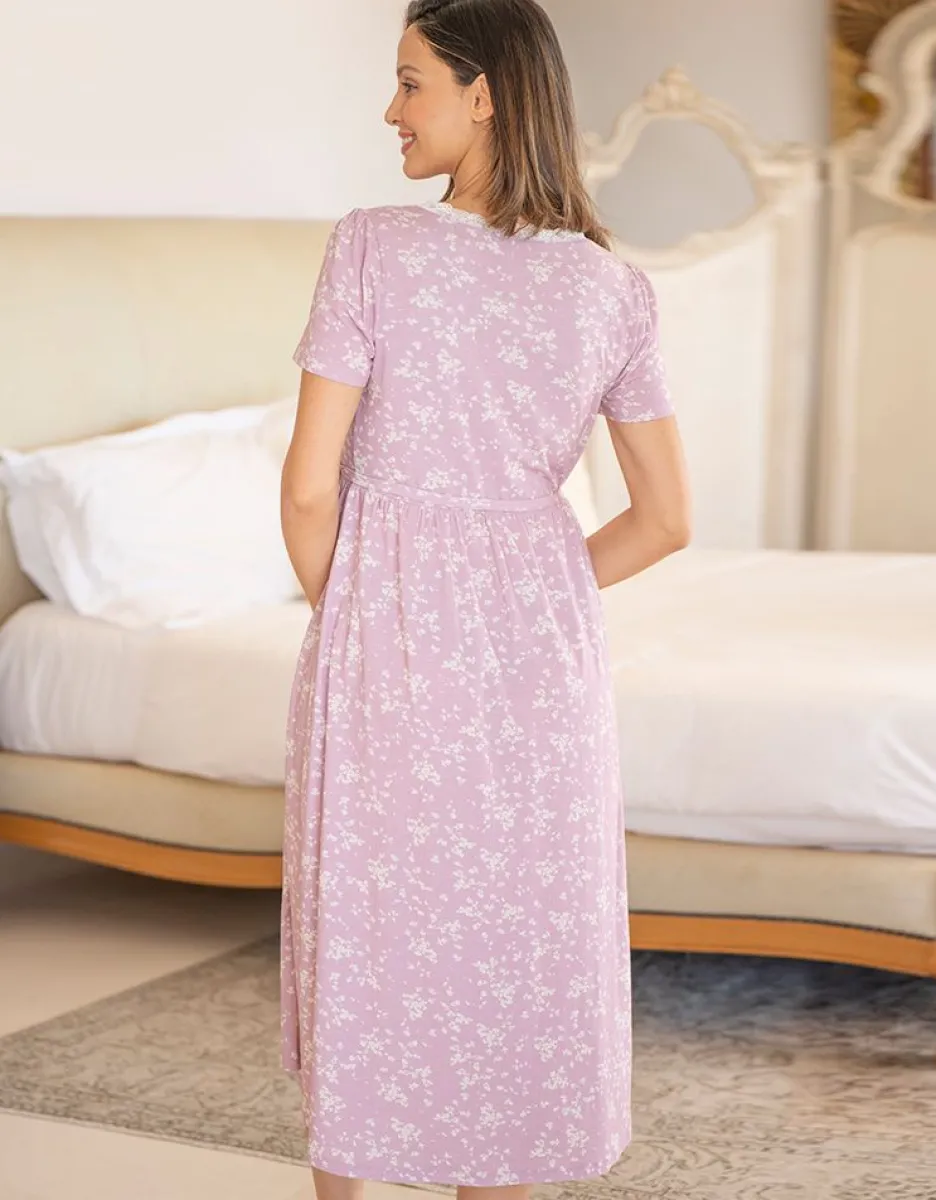 Sale Seraphine Flieder Blumenmuster Umstands- Und Stillnachthemd In Wickeloptik Mit Spitzenbesatz