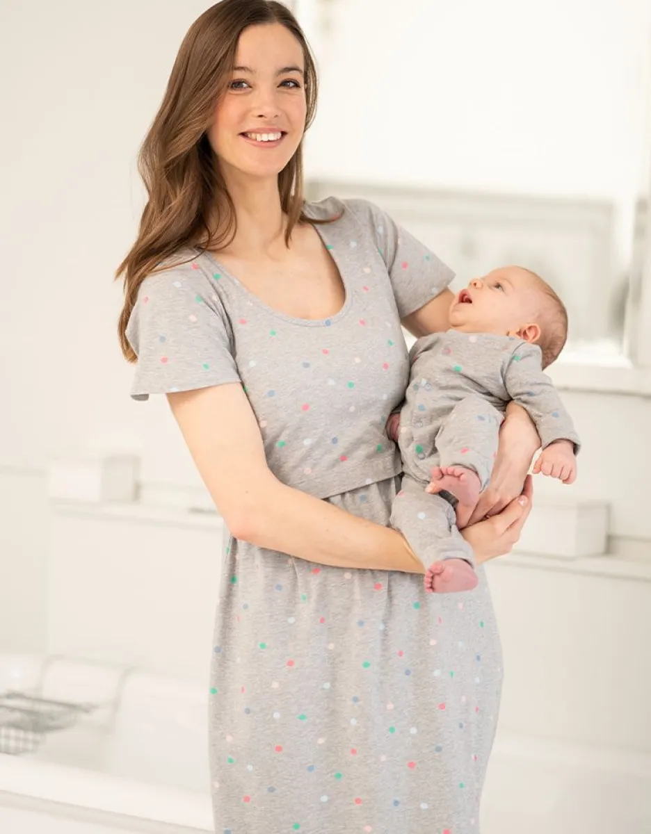 Fashion Seraphine Gepunktetes Mama & Mini Umstands- Und Still-Schlafkleid Set Grau