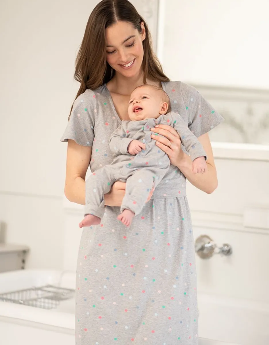Fashion Seraphine Gepunktetes Mama & Mini Umstands- Und Still-Schlafkleid Set Grau