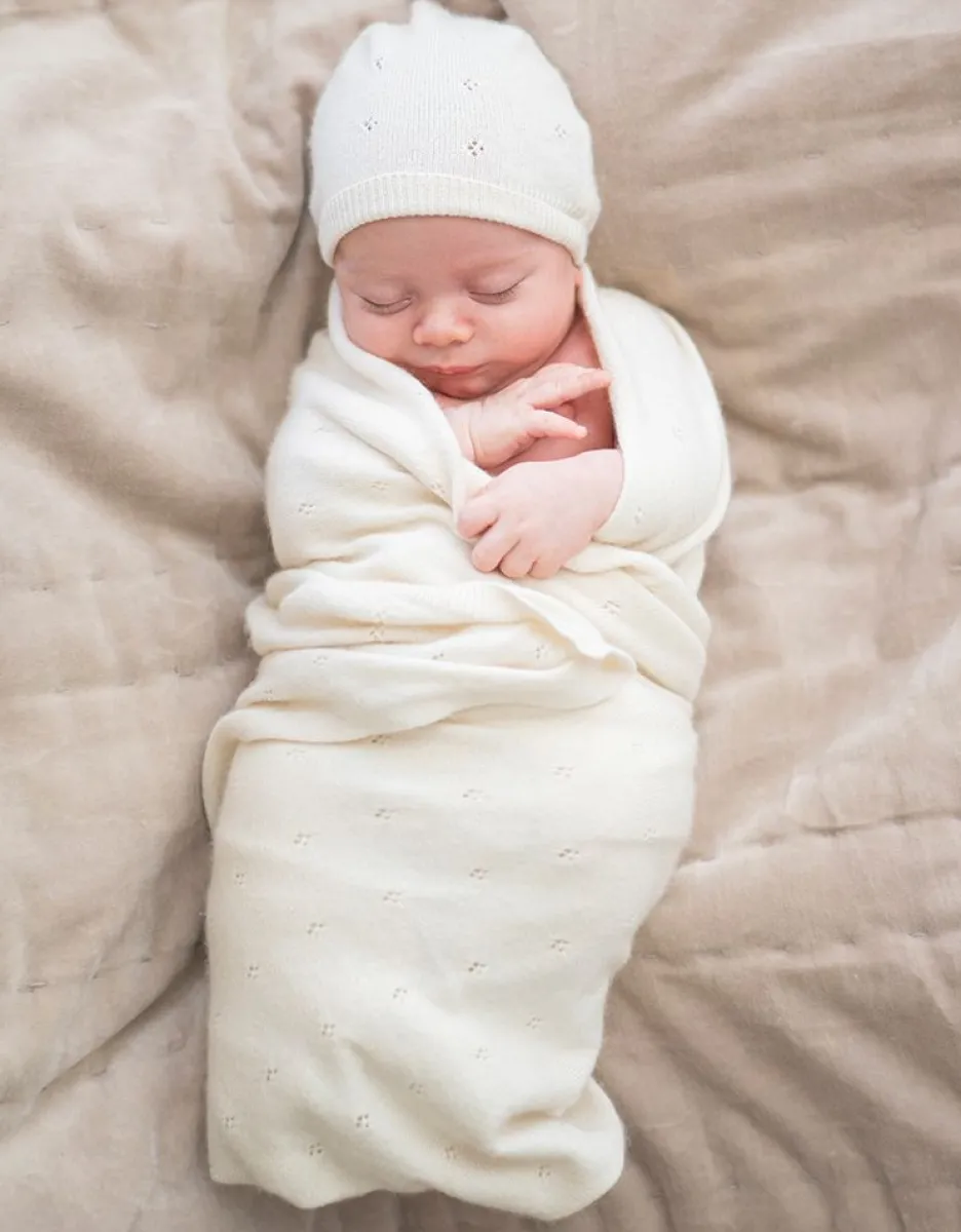 Fashion Seraphine Mini-Baumwoll- Und Kaschmir-Elfenbein-Weis Gestrickte Babydecke