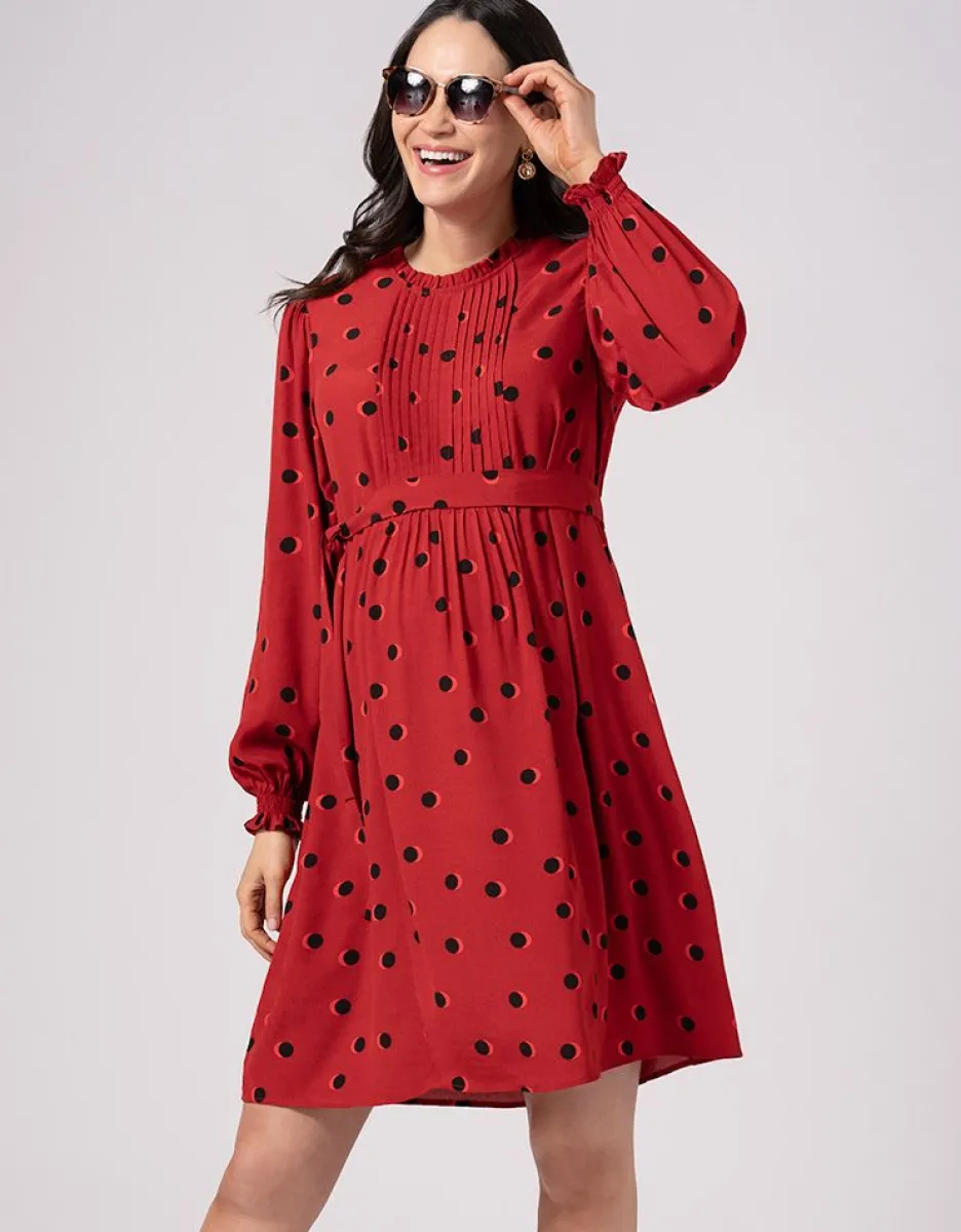 Store Seraphine Rotes Gesmoktes Umstands- & Stillkleid