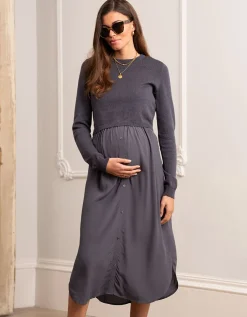 New Seraphine Schiefergraues Still- & Umstandsmidikleid