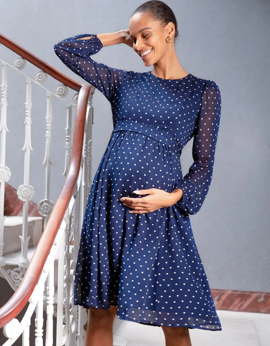 Online Seraphine Umstands- Und Stillkleid Aus Marineblauem Und Weisem Punkt-Chiffon