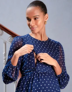 Online Seraphine Umstands- Und Stillkleid Aus Marineblauem Und Weisem Punkt-Chiffon