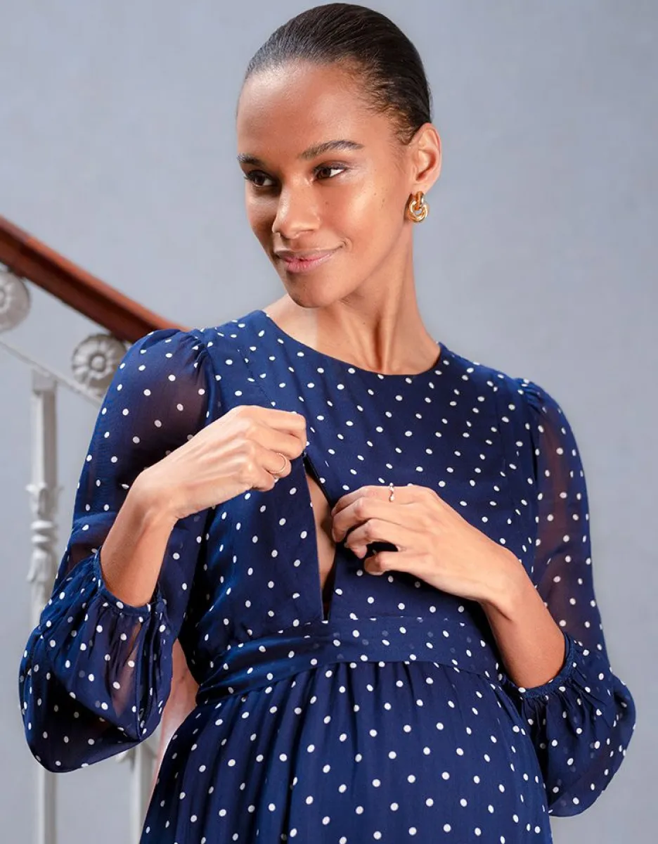 Online Seraphine Umstands- Und Stillkleid Aus Marineblauem Und Weisem Punkt-Chiffon