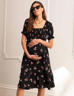 Online Seraphine Umstands- Und Stillkleid Mit Gerafftem Schwarzem Blumendruck