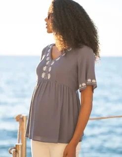 Flash Sale Seraphine Umstands- Und Stilltop Mit Blauer Stickerei Und V-Ausschnitt